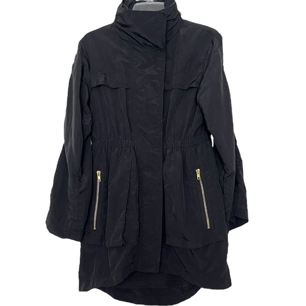 Millard Fillmore Black Trench Coat Nylon Rain Jacket Hidden Hoodie Gold Zip XS
